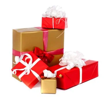 Pillar of boxes with presents wrapped in red paper, isolated on white Stock Photos