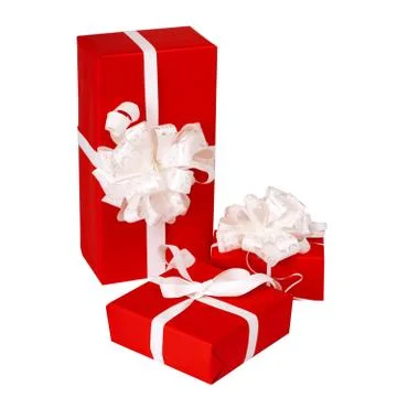 Pillar of boxes with presents wrapped in red paper, isolated on white Foto stock