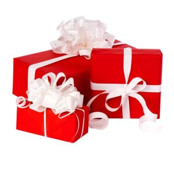 Pillar of boxes with presents wrapped in red paper, isolated on white Stock Photos