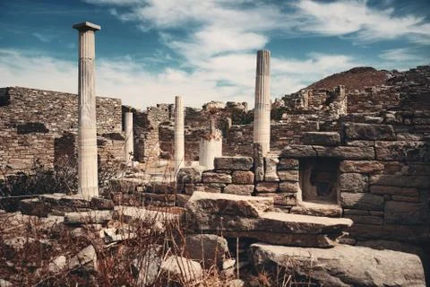 Pillar in Historical Ruins in Delos Stock Photos