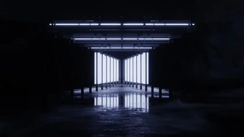 Pillared corridor of glowing panels opening and closing Stock Footage 346781393