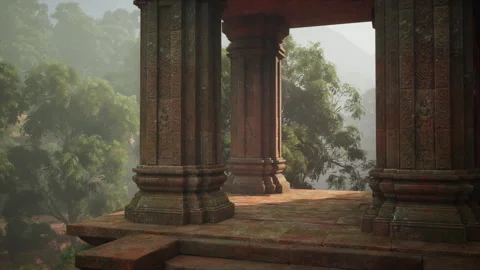 Pillared structure with expansive canopy and misty mountain ridges Vidéo 331528986