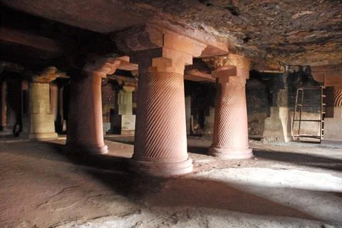 Pillars in Bagh caves 1, Shiv District, Dhar, Madhya Pradesh, India Foto stock
