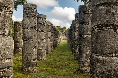 Pillars Chichenitza ruins ancient pre-colombian city in Yucatan, Mexico Stock Photos