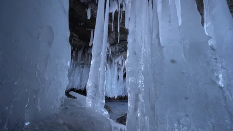 Pillars clear blue ice iceberg sharp splash innocent Cave Winter Baikal Russia Stock Footage 88167718