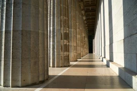 Pillars in light and shadow at walhalla, famous memorial near regensburg in Stock Photos