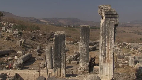 Pillars at the ruins of Mount Arbel Synagogue, Galilee, Israel Stock Footage 86759718