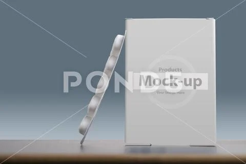 Pillbox with loaf of tablets on light blue background mock-up series PSD Template