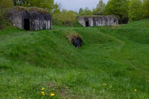 Pillboxes of a complex of fortifications from the Second World War. Stock Photos