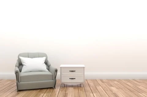 Pillow and sofa on the empty white wall with shelf,3D rendering Stock Illustration