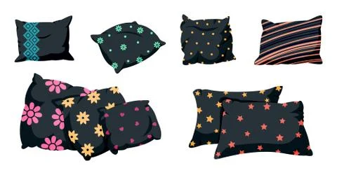 Pillow black set with decorative pattern cartoon Ilustración de archivo