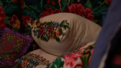The pillow is embroidered manually with beads. Stock Footage 145377329