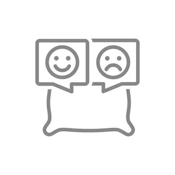 Pillow with happy and sad faces in speech bubble line icon. Comfortable fluffy Stock Illustration