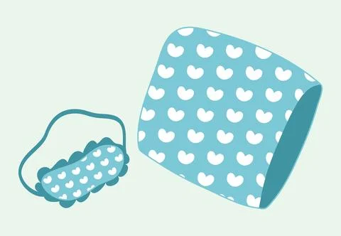 Pillow, sleeping mask with heart pattern. Blue isolated objects for dreams Stock Illustration