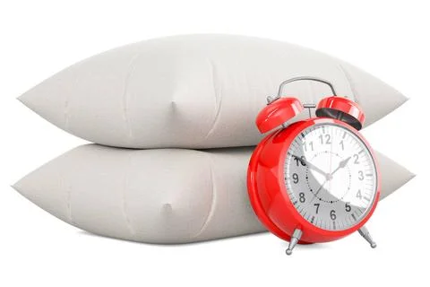 Pillows with alarm clock, 3D rendering Pillows with alarm clock, 3D render... Stock Photos
