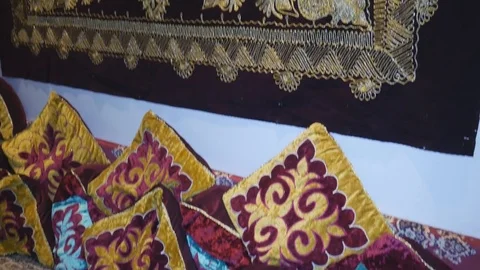 Pillows and carpet with patterns of Central Asia. Stock Footage 83532457