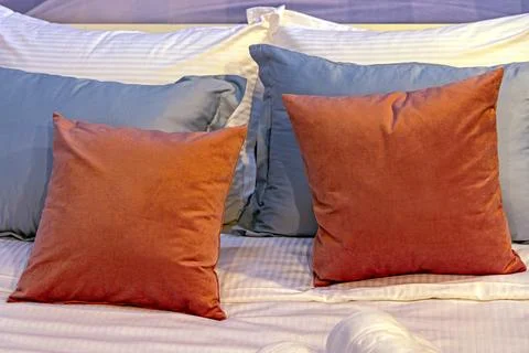 Pillows Set in Bed Stock Photos