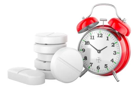 Pills with alarm clock. Time to take medicine, concept. 3D rendering Stock Illustration
