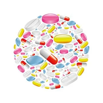 Pills and capsule in circle. Stock Illustration