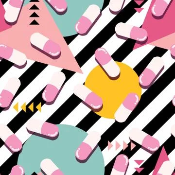 Pills and capsules seamless pattern, pop modern design, bold colors and geometry Stock Illustration
