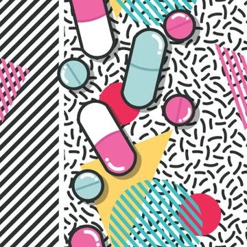 Pills and capsules seamless pattern, pop modern design, bold colors and geometry Stock Illustration