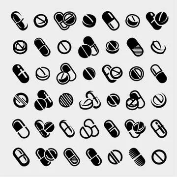 Pills and capsules set. Collection pills and capsules icons. Vector Stock Illustration