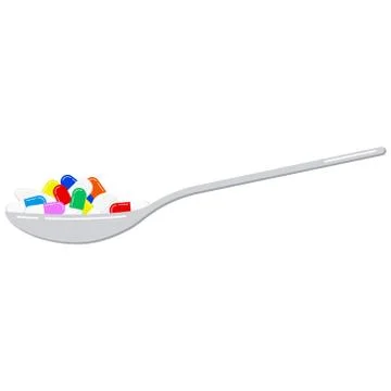 Pills and capsules in spoon vector illustration isolated on white background. Stock Illustration