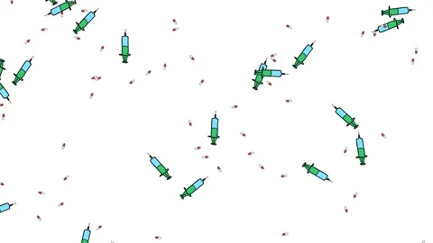 Pills and syringes falling down on white background, hand drawn cartoon scree Stock Footage 148462996