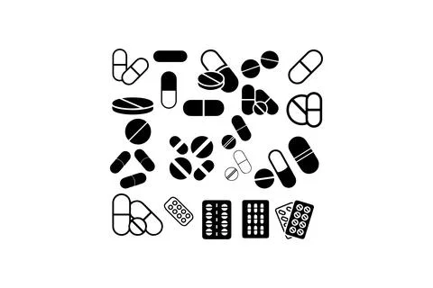 Pills and tablets icon set in black and white. Vector illustration design. Stock Illustration
