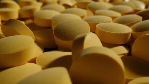 Pills and vitamins macro, Close up view of womans hands holding plenty of Stock Footage 309625208