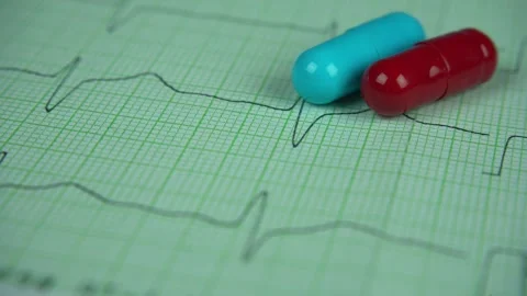 Pills on the background of ECG, paper form cardiogram Stock Footage 263590261