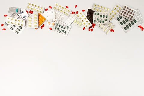 Pills background. Heap of assorted various medicine tablets and pills in blis Stock-Fotos