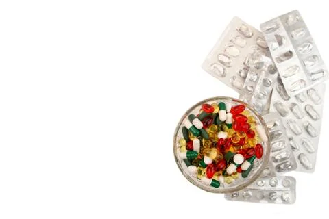 Pills background. Heap of assorted various medicine tablets and pills differe Stock-Fotos