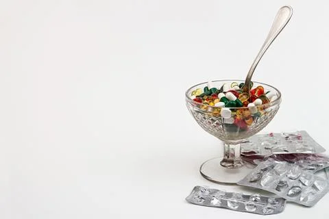 Pills background. Heap of assorted various medicine tablets and pills differe Foto stock