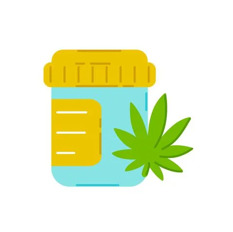 Pills bottle with marijuana weed. Vector trendty flat line illustration icon Stock Illustration