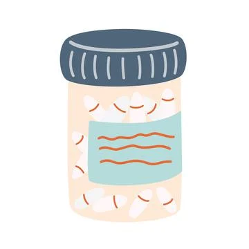 Pills. Bottle with various tablets and capsules. Medical capsules container.  Stock Illustration