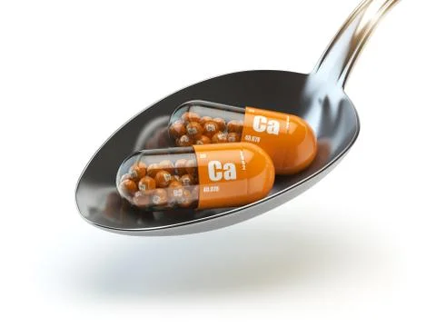 Pills with calcio calcium CA element in the spoon. Dietary supplements. Vit.. Illustrazione stock