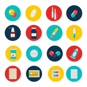 Pills capsules icons vector flat set. Medical vitamin pharmacy illustration Stock Illustration