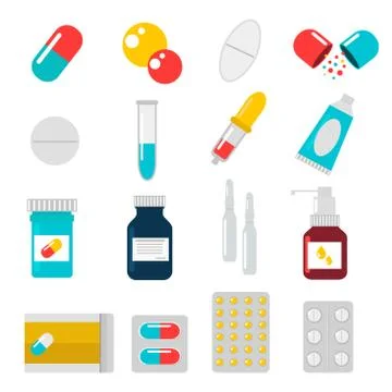 Pills capsules icons vector flat set. Medical vitamin pharmacy illustration Stock Illustration