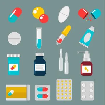 Pills capsules icons vector flat set. Medical vitamin pharmacy illustration Stock Illustration