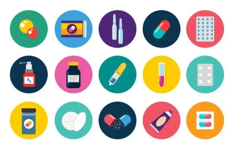 Pills capsules icons vector flat set. Medical vitamin pharmacy illustration Illustrazione stock