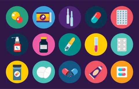 Pills capsules icons vector flat set. Medical vitamin pharmacy illustration Illustrazione stock