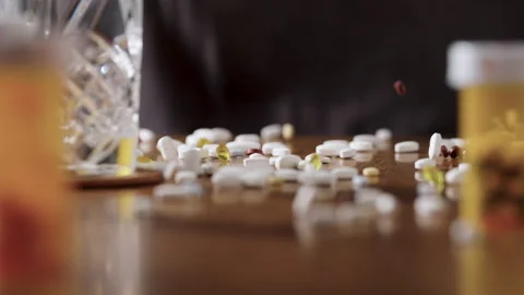 Pills dropping on table in slow motion Video stock 316201764