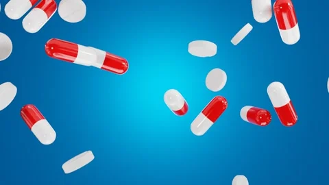 Pills falling on a blue background. 3D looped video Stock Footage 265807830
