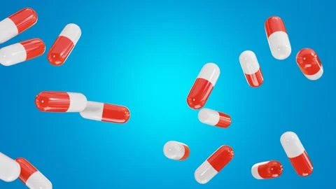 Pills falling on a blue background. 3D looped video Stock Footage 265807844