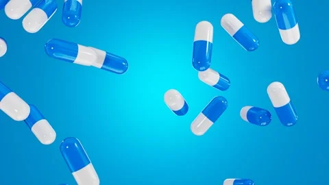 Pills falling on a blue background. 3D looped video Stock-Footage 265808198