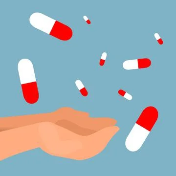 Pills falling with blue background Stock Illustration
