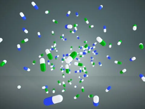 Pills falling on dark background. 3D illustration as healthcare concept. Stock-Illustration