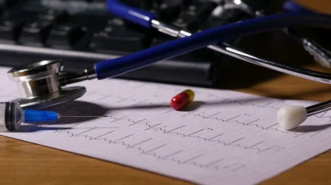 Pills falling onto doctors desk, slow motion Stock Footage 45192361