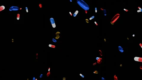 Pills falling down against black background, medicines from the pharmacy Stock Footage 341031945